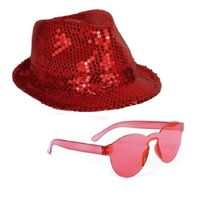 Rood trilby glitter party hoedje met rode zonnebril - thumbnail