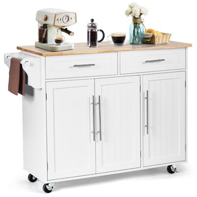 Mobiele Keukenwagen met 2 Laden & 2 Kasten Handdoek + Messenhouder & Verstelbare Binnenplanken voor Eetkamer Restaurant Wit