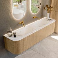 Mondiaz KURVE-DLUX 180 cm Onderkast Greeploos 2 Lades Met Deuren Oak, Wastafel Solid Surface Dubbel Frappe 0 Kraangaten Zonder Spiegel (KRVLEA180L+R2L2D0KD-Oak/Fra)