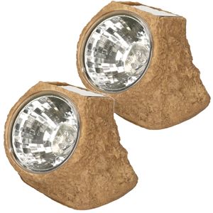 2x Tuinlampje Solar nepsteen bruin - LED licht tuin spotjes - lichtgevende stenen 11 x 12 cm