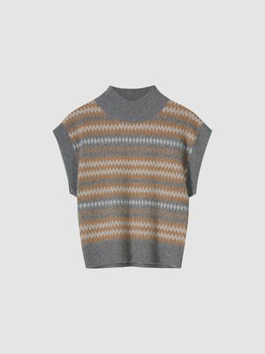 Mouwloze intarsia trui met geribde opstaande kraag
