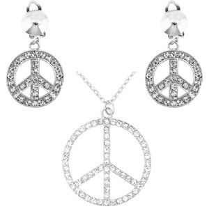 Hippie Flower Power Sixties sieraden peace teken strass ketting en oorbellen