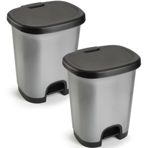 Plasticforte vuilvisbak Pedaalemmer - 2x - zilver/zwart - 18 liter - 33 x 28 x 40 cm - kunststof - a