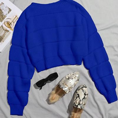 Bon&Bon Hot Pink Ribbed Knit Crop Sweater - Casual Drop Shoulder Pullover Blue / XS