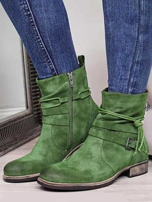 Comfort Soft Leather Vintage Round Toe Side Zip Lace-Up Low Heel Booties Comfort Soft Leather Vintage Round Toe Side Zip Lace-Up Low Heel Booties