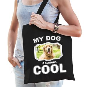 Katoenen tasje my dog is serious cool zwart - Golden retriever honden cadeau tas