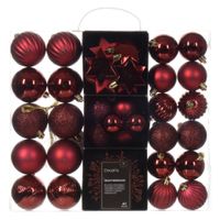 Decoris kerstballen en kersthangers - 40x - kunststof - donkerrood - mix   -