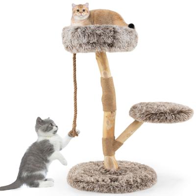 90 cm Krabpaal Houten Krabpaal met 3 Pluche Zitjes Touw & Krabpaal van jute Kattentoren Massief Hout Bruin+Natuurlijk