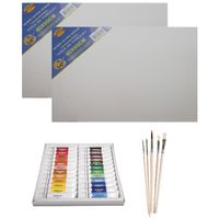 Schilders verf set van 24x tubes acrylverf/hobbyverf 12 ml + 2x canvas doeken + 5x kwasten - thumbnail