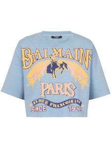 Balmain haut crop en coton à logo imprimé - Bleu