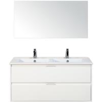 Porto Badmeubelset 120 cm - 2 Laden Wit Hoogglans - Keramische Wastafel Wit Slim met Spiegel