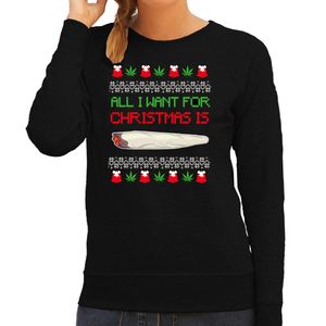 Foute Kersttrui/sweater voor dames - All I want for Christmas is wiet - zwart - joint