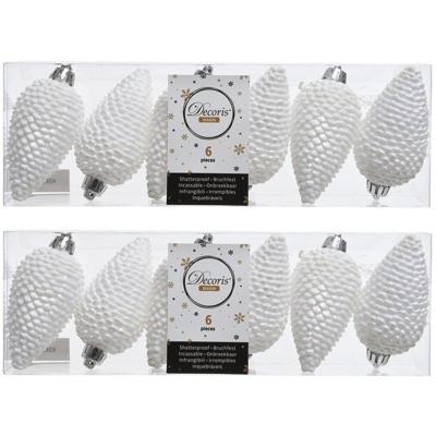 Kersthangers dennenappels - 12x st - wit - glitter - 8 cm - kunststof - kerstversiering