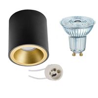 Opbouwspot Set - LEDVANCE Parathom PAR16 927 36D - Pragmi Cliron Pro - GU10 Fitting - Dimbaar - Opbouw Rond - Mat Zwart/Goud - 3.7W - Warm Wit 2700K - Verdiept - Ø90mm