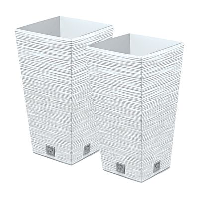 Plantenpot/bloempot Furu Stripes - 2x - voor buiten - kunststof - wit - vierkant - D20 x H38 cm Plantenpot/bloempot Furu Stripes - 2x - voor buiten - kunststof - wit - vierkant - D20 x H38 cm
