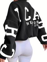 Women's Letter Print Drop Shoulder Sweatshirt | Black Fall Pullover Black / L