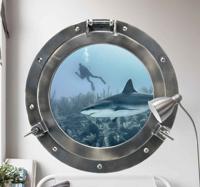 Muurstickers visuele effecten Haai door het raam met vis 3d - thumbnail