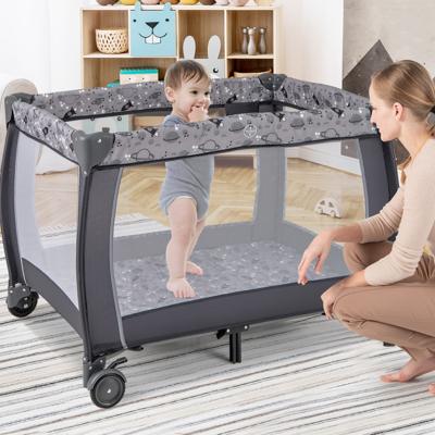 3-In-1 Reisbedje Draagbare Opvouwbare Box met Luifel en Muskietennet Muziekbox Geventileerde Zijwanden Matras en Draagtas