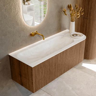 Mondiaz KURVE-DLUX 125 cm Onderkast Greeploos 1 Lade Met Deuren Walnut, Wastafel Solid Surface Links Ostra 0 Kraangaten Zonder Spiegel (KRVBGM125R1L1D0KL-Wal/Ost)