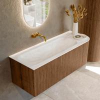 Mondiaz KURVE-DLUX 125 cm Onderkast Greeploos 1 Lade Met Deuren Walnut, Wastafel Solid Surface Links Ostra 0 Kraangaten Zonder Spiegel (KRVBGM125R1L1D0KL-Wal/Ost)