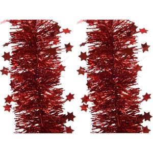 Decoris kerstslingers - 2x - sterren - rood - 270 x 10 cm - folie/tinsel - lametta