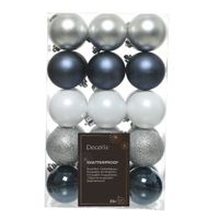 Decoris kerstballen - 30x - kunststof - donkerblauw/wit/zilver - 6 cm - thumbnail