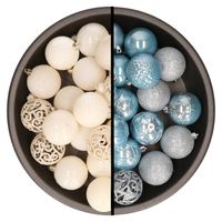 Kerstballen - 74x stuks - wol wit en lichtblauw - 6 cm - kunststof - Kerstbal - thumbnail