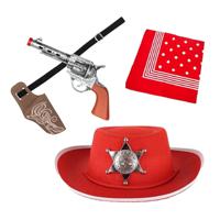 Carnaval Verkleed set - Cowboy hoed rood/zakdoek rood/holster met revolver - voor kinderen