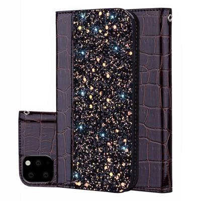 Krokodil textuur glitter poeder horizontale Flip lederen draagtas met kaartsleuven & houder voor iPhone 11 (zwart)