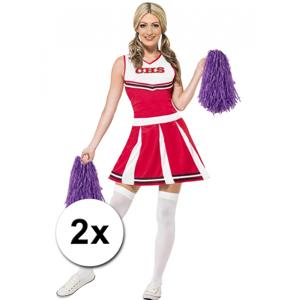 Cheerball - 2x - met ringgreep - paars - 28 cm - pompom - Cheerleader verkleed accessoires