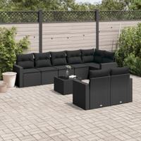 9-delige Loungeset met kussens poly rattan zwart