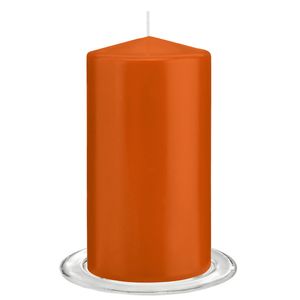 Trend Candles - Stompkaarsen met glazen onderzetters set van 2x stuks - oranje 8 x 15 cm