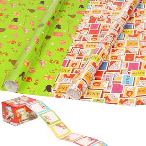 Sinterklaas inpakpapier/cadeaupapier 6x rollen en 50 naam stickers