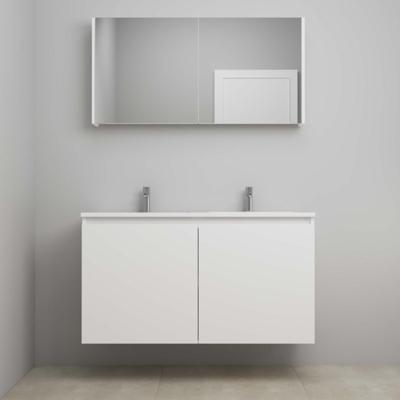 On-Line Badkamermeubelset - 120 cm - Bouwpakket - Greeploos 2 Deuren - Acryl Wastafel - 2 Kraangaten - Spiegelkast - Mat Wit
