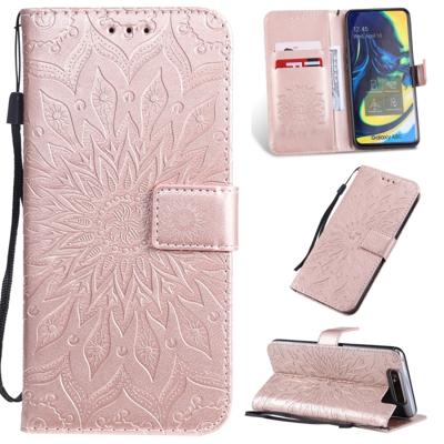 Gedrukt afdrukken zonnebloem patroon horizontale Flip PU lederen case voor Galaxy A80 met houder & kaartsleuven & portemonnee & Lanyard (Rose goud)