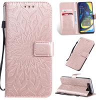 Gedrukt afdrukken zonnebloem patroon horizontale Flip PU lederen case voor Galaxy A80 met houder & kaartsleuven & portemonnee & Lanyard (Rose goud)