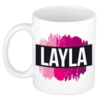 Layla naam / voornaam kado beker / mok roze verfstrepen - Gepersonaliseerde mok met naam - Naam mokken