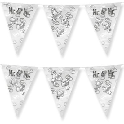 3x Stuks Paperdreams Vlaggenlijn - Mr. & Mr. huwelijks feest/party - zilver/wit - 10m