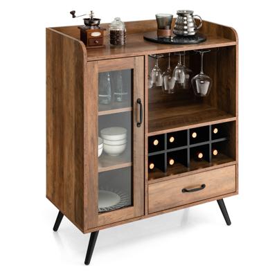 Vintage Wijnkast met Wijnrek en Geïntegreerde Glazen Houders Barkast Hout Dressoir met Lade en Glazen Deur 80 x 40 x 95 cm