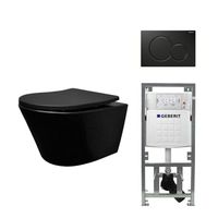 Wiesbaden Vesta toiletset Rimless 52cm mat zwart Geberit inbouwreservoir softclose en quickrelease toiletzitting met bedieningsplaat glans zwart 0701131/0700524/sw228315/