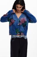 Gebreid vest met bloemen - BLUE - M