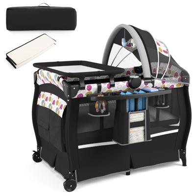 Draagbaar 4 In 1 Wiegje met Wieg Matras Luiertafel Muziekdoosje Verstelbaar Dak Opbergrekje Reistas voor Pasgeborene Baby-Zwart