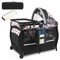 Draagbaar 4 In 1 Wiegje met Wieg Matras Luiertafel Muziekdoosje Verstelbaar Dak Opbergrekje Reistas voor Pasgeborene Baby-Zwart - thumbnail