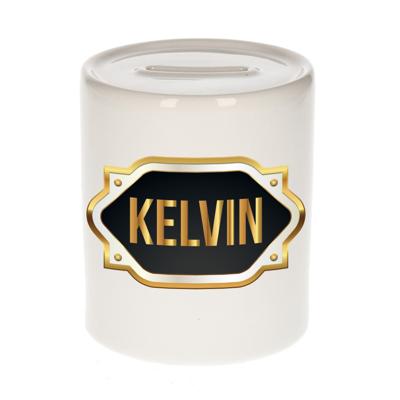 Spaarpot met voornaam Kelvin - wit - goud/zwart embleem - 8 x 9 cm - keramiek - afsluitdop Spaarpot met voornaam Kelvin - wit - goud/zwart embleem - 8 x 9 cm - keramiek - afsluitdop
