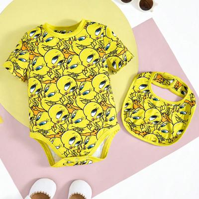 Bon&Bon Baby Girl Cute Cartoon Tweety Bird All Over Print Knit Romper With Bib, 2pcs Set Yellow / 6-9M