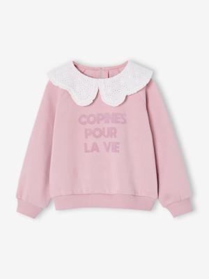 Sweater met kraag van Engels borduurwerk voor meisjes met flockprint en fluwelen boodschap lichtroze