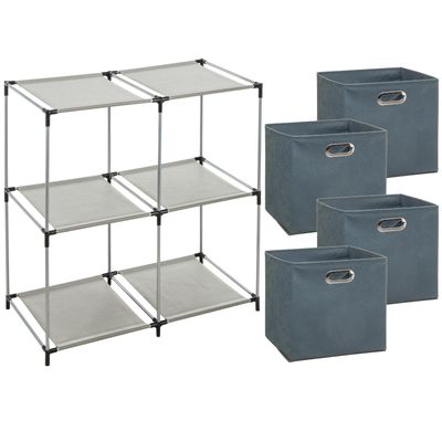 Kastmandjes/opberg mandjes - blauwgrijs - 4x stuks van 29 Liter - In rekje van 67 x 68 cm
