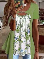 Casual Floral Design Fake Two Piece Short Sleeve Top - thumbnail