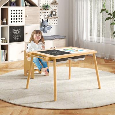 Kindertafel met Omkeerbaar Tafelblad Speeltafel in Hoogte Verstelbaar van Grenenhout met 2 Opvouwbare Bakken Papierrol Haken