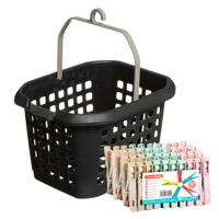 Wasknijpers pakket van 100x stuks - plastic - met ophangmandje aan haak Wasknijpers pakket van 100x stuks - plastic - met ophangmandje aan haak